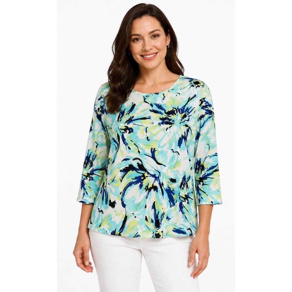 Laura Ashley Womens Blue Green Floral 3/4 Sleeve Knit Top Crew Neck Large